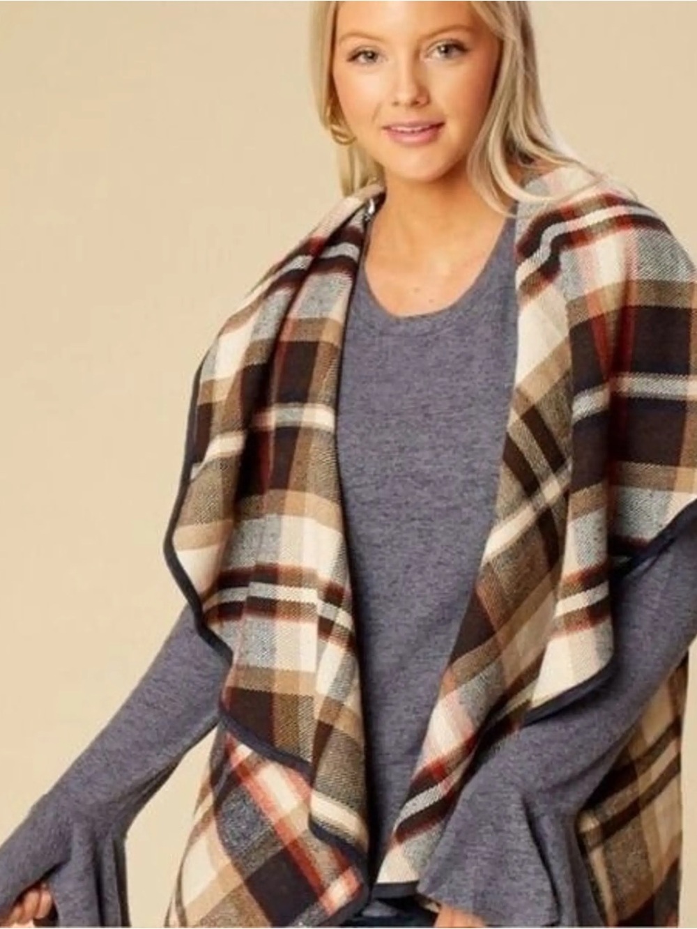 Altar’d State Plaid Open-Front Shawl Vest Neutral Plaid Women’s L western fall